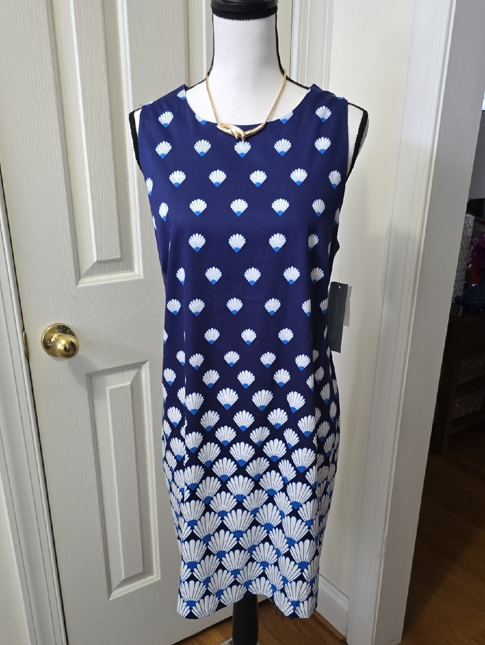 LONDON TIMES BRAND WOMEN'S BLUE & WHITE SHELLS SLEEVELESS SUMMER DRESS SIZE 10